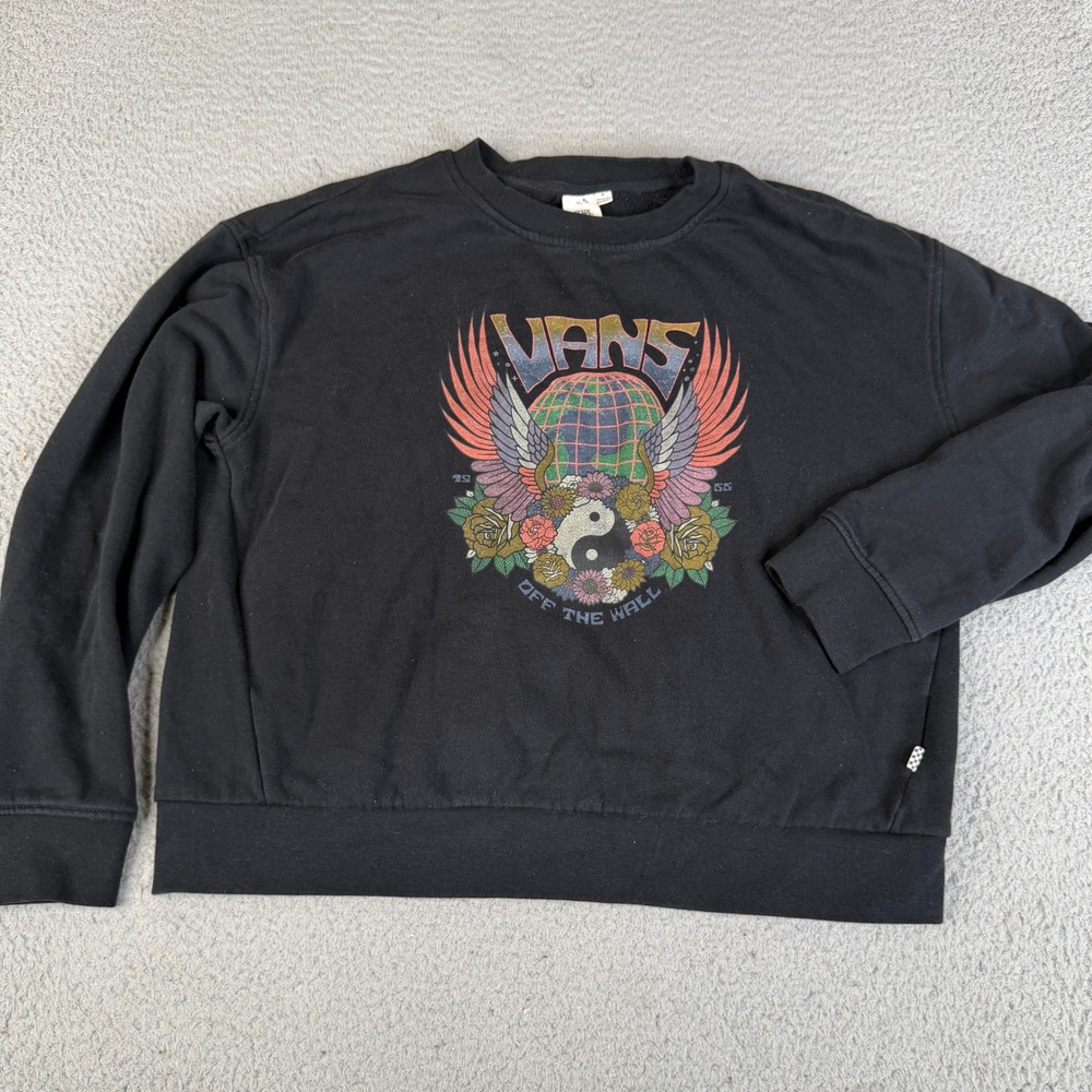 Vans Sweatshirt Womens M Black Graphic Pullover Crew Neck Yin Yang Floral Winged